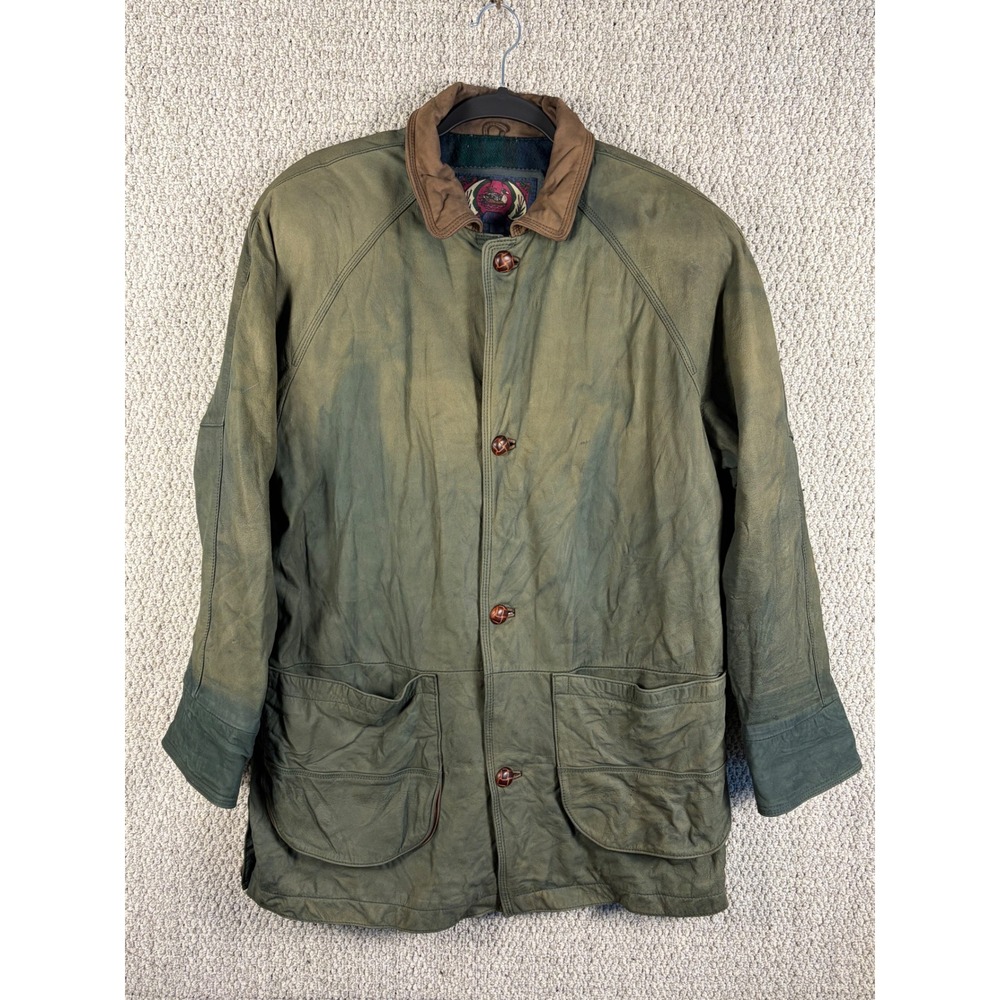 Vintage G-III Mens Leather Barn Coat Olive Green Plaid Lined Field Jacket Large